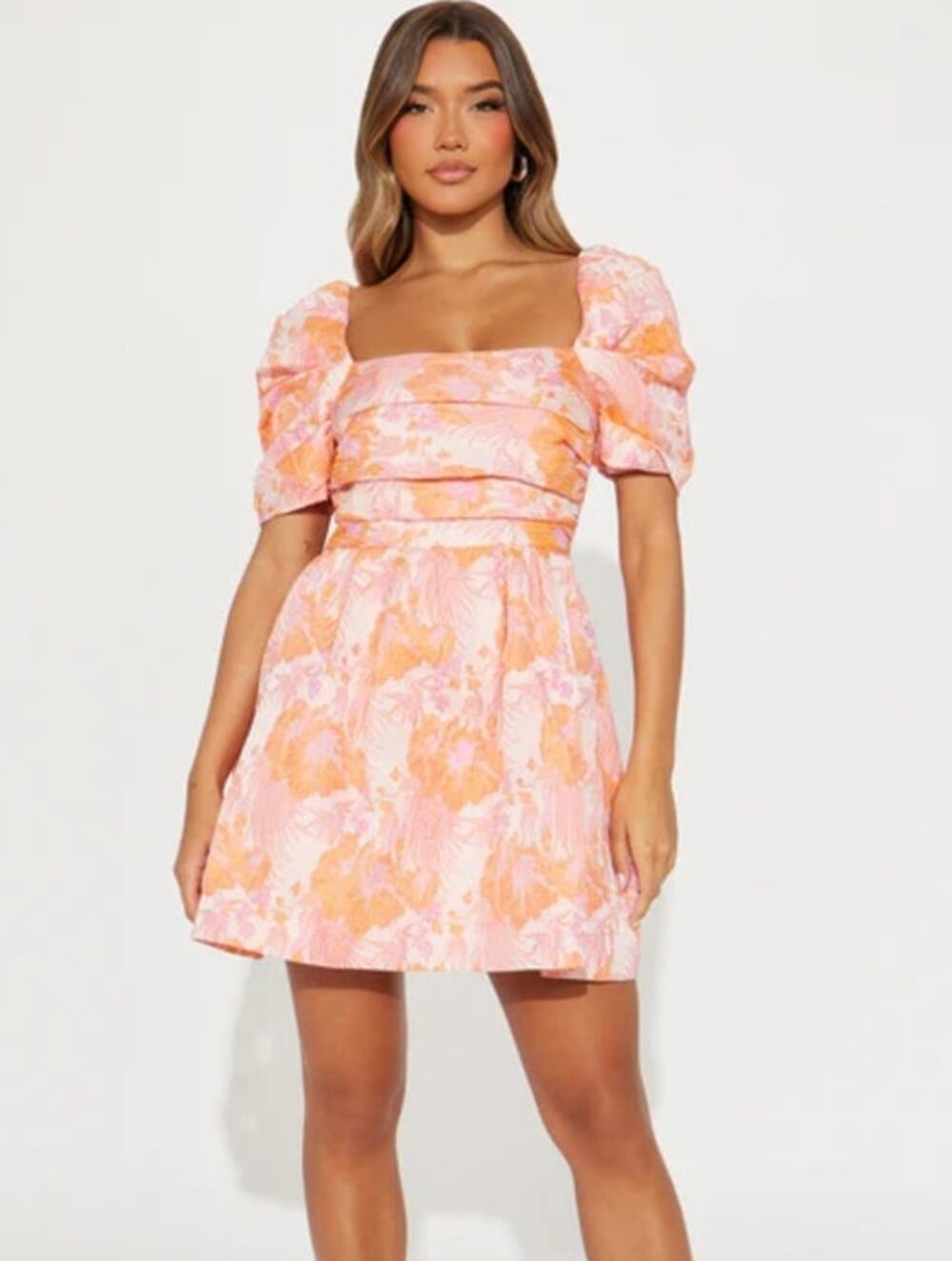 Lena Pink & Orange Jacquard Going Steady Short Mini Dress with Puff Sleeves